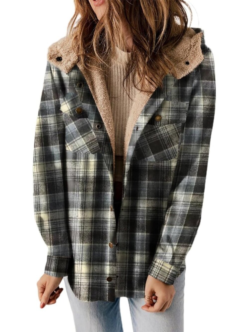 〽️Women's Black 02 Plaid Fleece Lined Hooded Shacket with Pockets